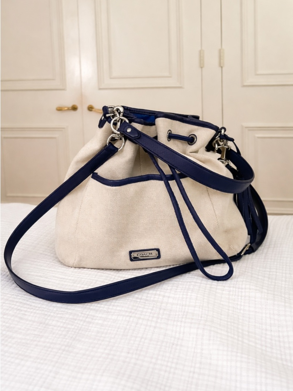 Coach Canvas + Navy Leather Drawstring Shoulder Bucket Bag Silver Hardware - Picture 4 of 14